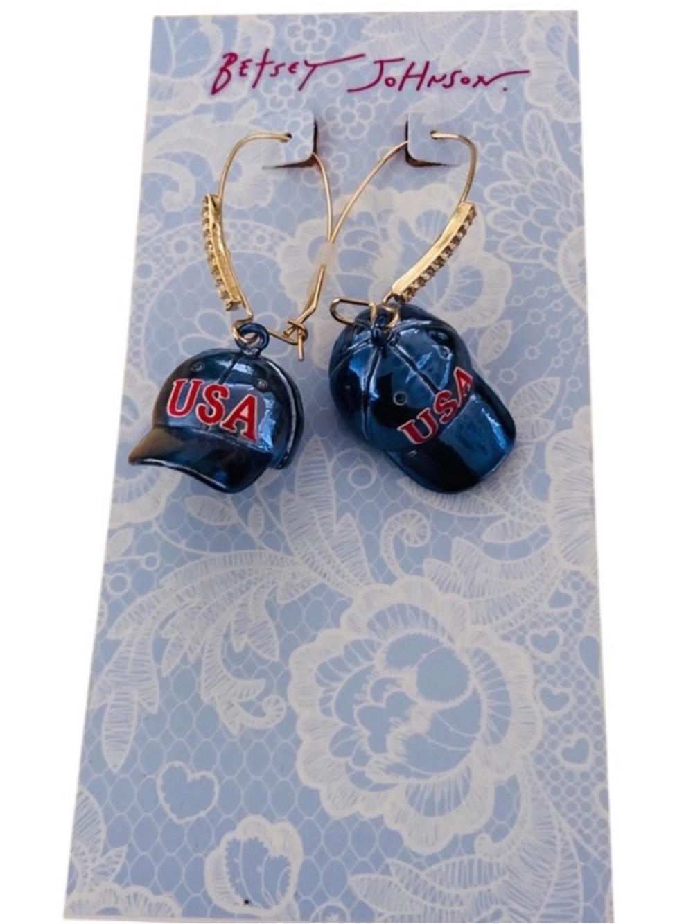 BETSEY JOHNSON Americana Red White Blue Patriotic Baseball Hat Earrings NEW NWT